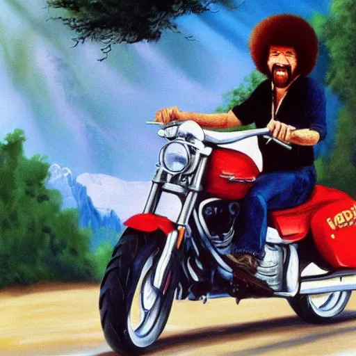 Image similar to bob ross screaming on back of a motorcycle