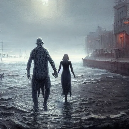 Prompt: shadow over innsmouth, people walking out of the water, painted by seb mckinnon, high detail, dramatic light, digital art, painted by greg rutkowski, promotional movie posterart, trending on artstation