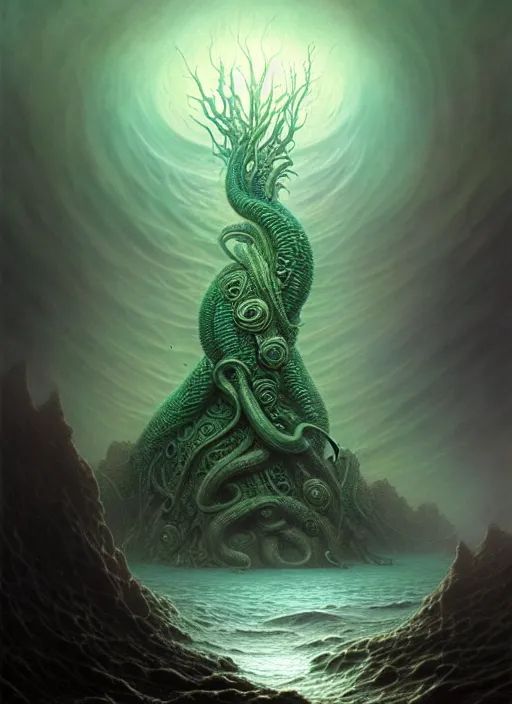 Image similar to cthulu emerging from ocean, a scenic dystopian environment, lovecraftian, intricate, elegant, highly detailed, centered, digital painting, artstation, concept art, smooth, sharp focus, illustration, artgerm, tomasz alen kopera, peter mohrbacher, donato giancola, joseph christian leyendecker, wlop, boris vallejo