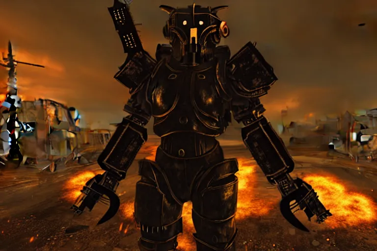 Prompt: a fursona ( from the furry fandom ), heavily armed and armored facing down armageddon in a dark and gritty version from the makers of fallout : war never changes