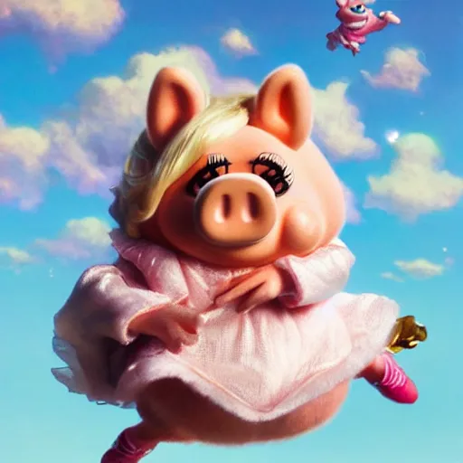 Prompt: cute miss piggy falling from plane, cute and cuddly, highly detailed, photorealistic, octane render, 8 k, unreal engine. art by artgerm and greg rutkowski and alphonse mucha