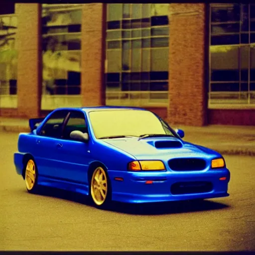 Prompt: retro 90s 97’ film photo harsh flash. Night time dark dimly lit parking lot. 1996 blue Subraru WRX STi front side view. ((Polaroid)) harsh flash amateur photo (gold rims 5 spoke intricate) ((motion blur)) ((low exposure)) aesthetic film grain