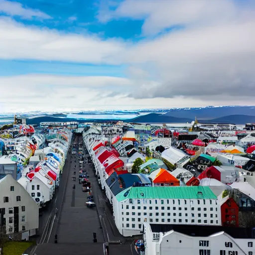 Prompt: standing at the top of hallgrimskirkja, looking out over reykjavik, colorful rooftops and city roads below, mountains in the distance