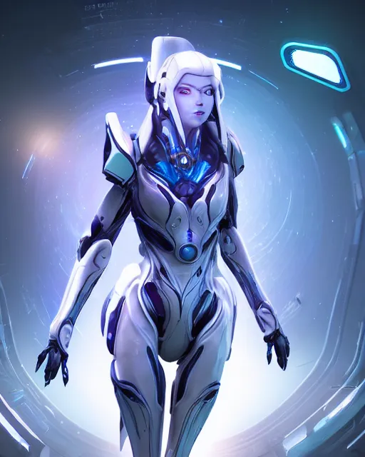 Image similar to perfect android girl on a mothership, warframe armor, beautiful face, scifi, futuristic, galaxy, nebula, raytracing, dreamy, long white hair, blue cyborg eyes, sharp focus, cinematic lighting, highly detailed, artstation, divine, by gauthier leblanc, kazuya takahashi, huifeng huang