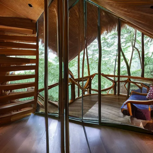 Prompt: interior of an epic treehouse. modern design, window viewing forest canopy, wooden bridge