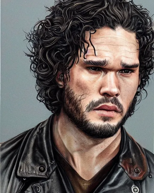 Image similar to portrait of kit harrington, gritty, dark, wearing a undone leather jacket, bare-chested, very detailed eyes, hyperrealistic, very detailed painting by Glenn Fabry, by Joao Ruas, by Artgerm, mfs shot