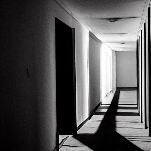 Image similar to a hallway with a shadowy silhouette standing at the end, creepy, uncanny, liminal space