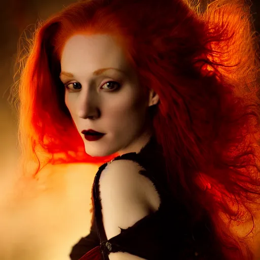 Image similar to majestic gracious regal aristocratic female red haired vampire portrait, aesthetically pleasing, atmospheric lighting, painted, seductive, menacing, intricate, volumetric lighting, beautiful, rich deep colours masterpiece, golden hour, golden ratio, sharp focus, ultra detailed, by leesha hannigan, ross tran, thierry doizon, kai carpenter, ignacio fernandez rios