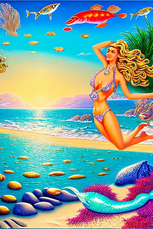 Prompt: a photorealistic detailed cinematic image of a jeweled beach with mermaid basking in the sun on crystal rocks, abundant sea life, jewels and faceted diamonds in the sand, clear water ocean as far as the eye can see, ornate view by david a. hardy, kinkade, lisa frank, wpa, public works mural, socialist