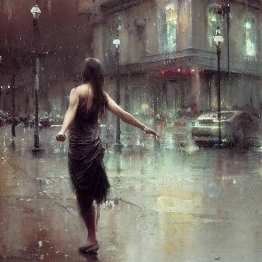 Prompt: painting of a beautiful goddess, dancing in the rain, by Jeremy Mann, detailed, stylized, loose brush strokes, intricate, realistic, exaggerated lighting, sense of scale, free, melancholy