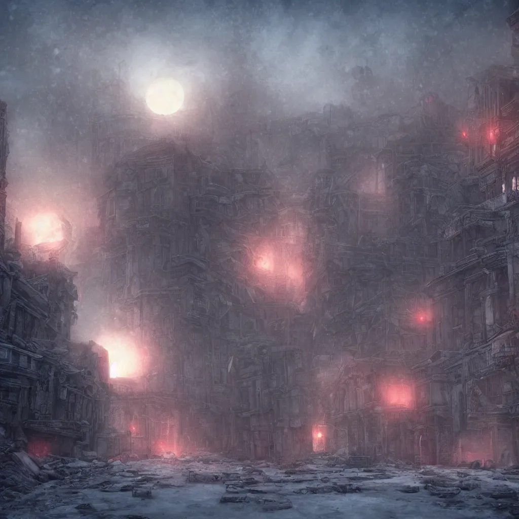 Image similar to a ruined city in the style of aetherpunk, a snowy street, huge red moon, global illumination, smoke, detailed and intricate environment, mysterious