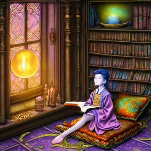 Image similar to a highly detailed fantasy pastel painting of a young wizard in ornate clothing lounging on a purpur pillow on the marble floor in front of her bookcase, studying an ancient tome. to the side is a potted plant and some blue candles. ancient oriental retrofuturistic setting. 4 k key art in the style yoshitaka amano and mark tedin