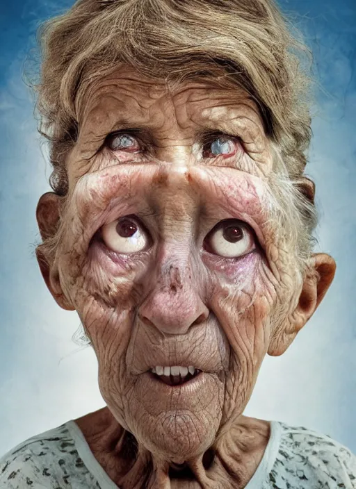 Image similar to an old woman with a weird look on her face, a surrealist painting by Martin Schoeller, shutterstock contest winner, pop surrealism, angelic photograph, stock photo, photoillustration