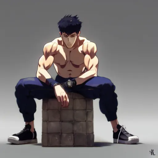 Prompt: a handsome muscular man wearing fashionable street attire, sitting down casually, square masculine facial features, short messy hair, intimidating appearance, 3 d octane render, unreal engine 5, ultra high detail, cel shaded, trending on pixiv fanbox, by greg rutkowski makoto shinkai takashi takeuchi studio ghibli, akihiko yoshida