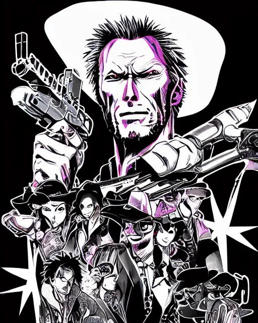 Image similar to Digital color pen drawing of Clint Eastwood from JoJo\'s Bizzare Adventure, highly detailed, sharp focus, screentone shading, 1990 manga panel, trending on ArtStation, manga cover art drawn by Hirohiko Araki