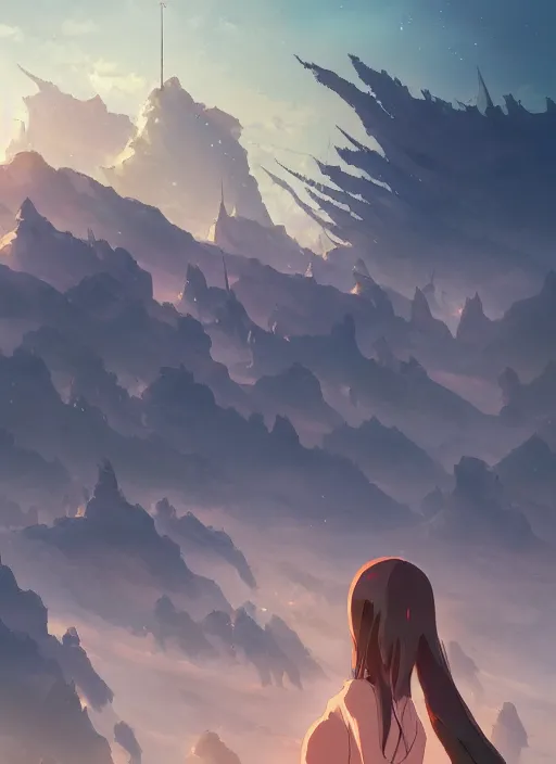 Prompt: klimanjaro silhoutte, epic perspective, illustration concept art anime key visual trending pixiv fanbox by wlop and greg rutkowski and makoto shinkai and studio ghibli