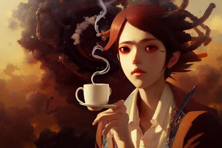 Image similar to mexican smoking weed and drinking coffee baroque oil painting finely detailed perfect face f anime shinkai takeuchi key visual of character concept art pixiv fanbox, painted by greg rutkowski