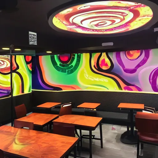 Prompt: Taco Bell dining room DMT trip visuals