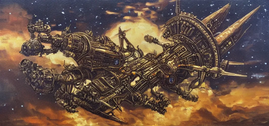 Image similar to oil painting of a steampunk spaceship