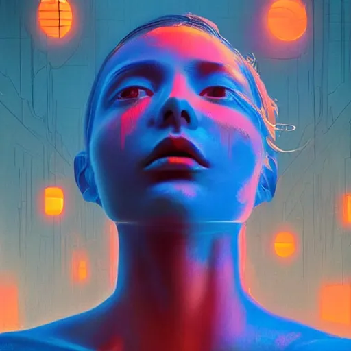 Image similar to 3 d, sci - fi, morning, sleepy fashion model face, sun, neon, cinematic, lightning clouds, vogue cover style, poster art, light orange and deep blue mood, realistic painting, intricate oil painting, high detail, figurative art, multiple exposure, poster art, 3 d, by tooth wu and wlop and beeple and greg rutkowski