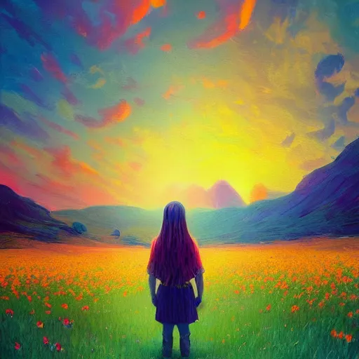 Image similar to girl with a flower face, surreal photography, standing in flower field, in a valley, sunrise dramatic light, impressionistic painting, colorful clouds, artstation, dali, simon stalenhag
