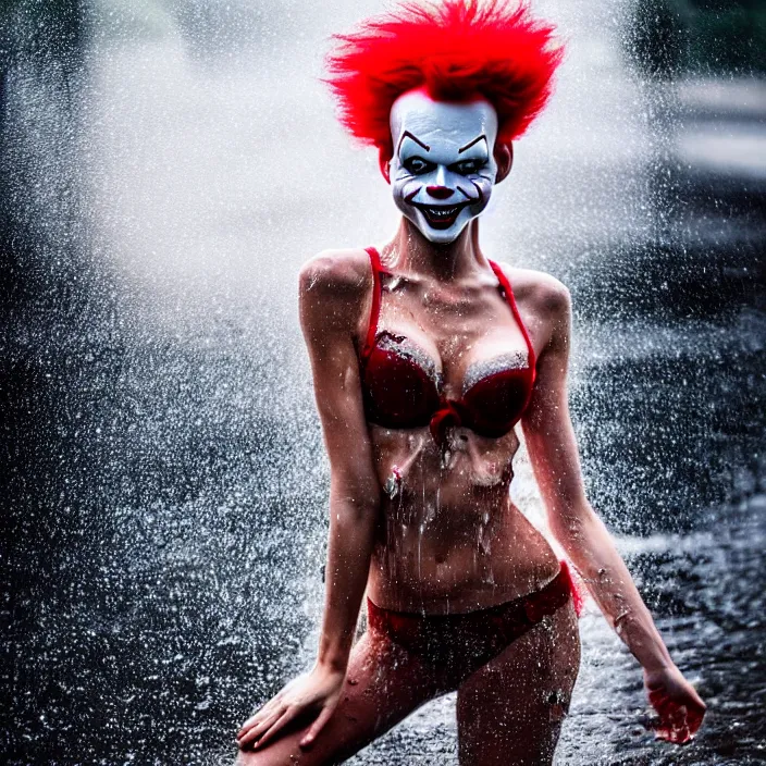 Image similar to fully body pose, photo of a very beautiful!! victoria secret model, pennywise, wet hair, raining, 8 k, hdr, smooth, sharp focus, high resolution, award - winning photo, trending on artstation, dslr, 5 0 mm