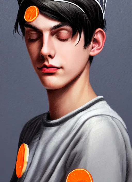 Image similar to portrait of teenage jughead jones wearing a light grey crown, crown, hamburger background, eyes closed, crown, black hair, orange, intricate, elegant, glowing lights, warm lighting, highly detailed, digital painting, artstation, concept art, smooth, sharp focus, illustration, art by wlop, mars ravelo and greg rutkowski