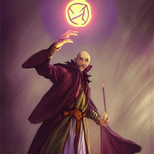 Image similar to a warlock is casting a magic spell, with magic orb floating in his hand , dynamic pose, natural lighting, medium level shot, Mucha style , Grim fantasy, illustration ,concept art,