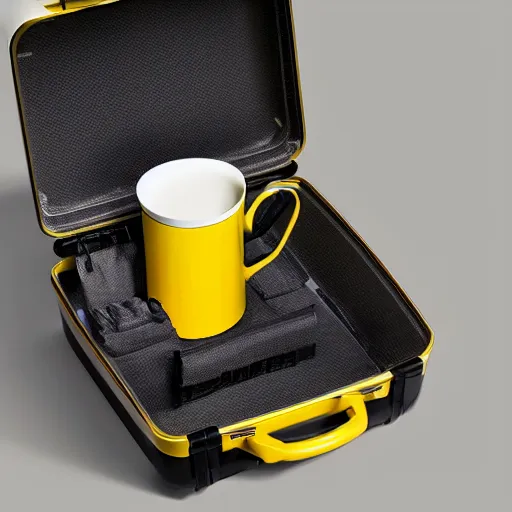 Image similar to yellow coffee mug made of rimowa aluminium suitcase, full of steaming coffee