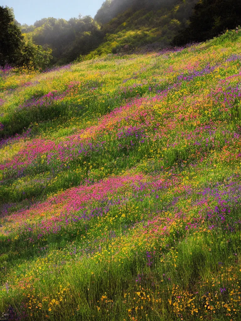 Image similar to wildflowers on the hillside by disney concept artists, blunt borders, rule of thirds, golden ratio, godly light