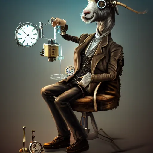 Image similar to a mad scientist goat in lab coat creating a time machine, steampunk style, digital art, trending on artstation and unreal engine, deviantart, smooth, hyper detailed, award - winning, hd