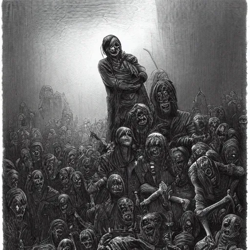 Prompt: nine steel barrels in a graveyard full of zombies, creepy atmosphere, dark, portrait, realistic, illustration by gustave dore