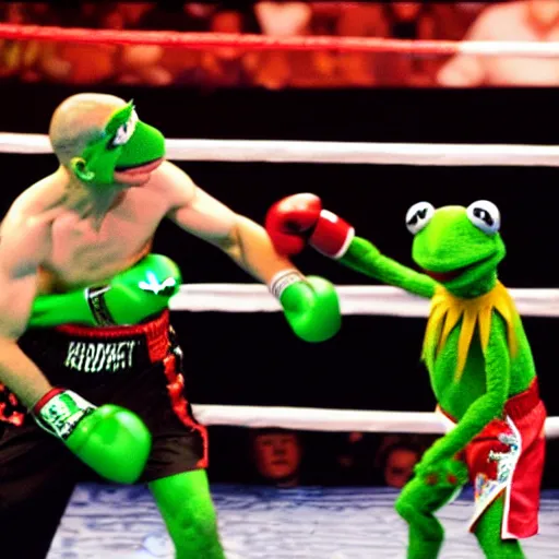 Prompt: ringside photo of a boxing match with kermit the frog