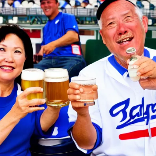 Prompt: a middle aged caucasian couple cheering on the Yokohama Baystars Japanese baseball team while drinking beer.