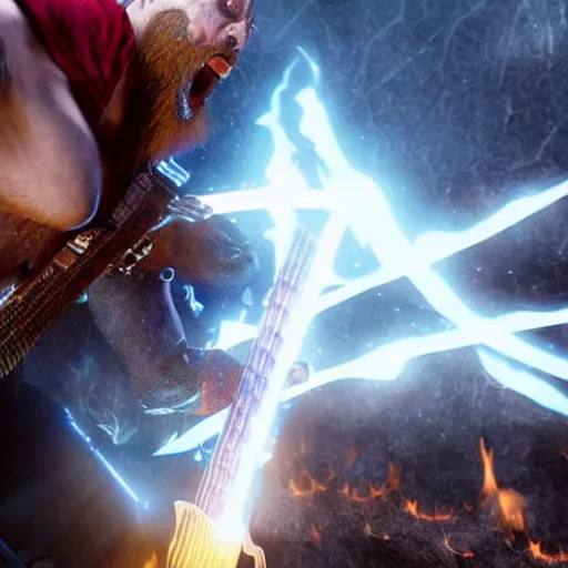 Prompt: screaming kratos shredding on a flaming stratocaster guitar, cinematic render, god of war 2 0 1 8, santa monica studio official media, lightning, viking armor, head turned