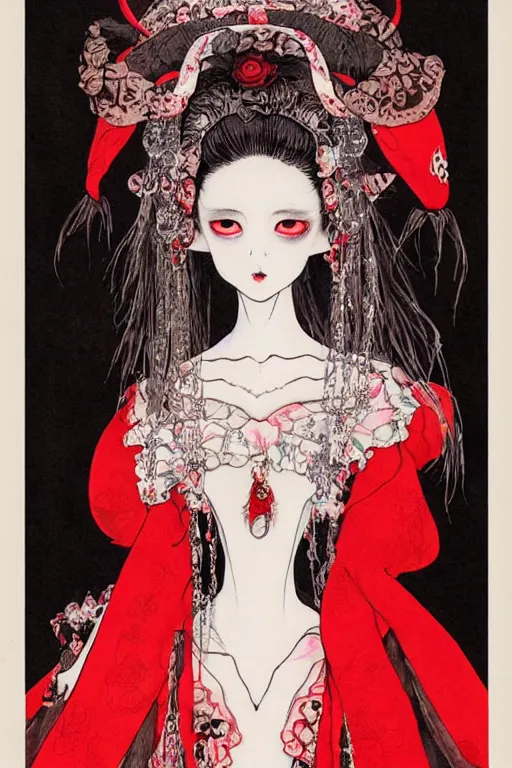 Prompt: watercolor painting of an avant - garde japanese bjd geisha vampire queen in a victorian lolita fashion red dress in the style of lovecraftian horror painted by yoshitaka amano, takato yamamoto, ayami kojima, dmt art, symmetrical vogue face portrait, intricate detail, artstation, cgsociety, artgerm, rococo