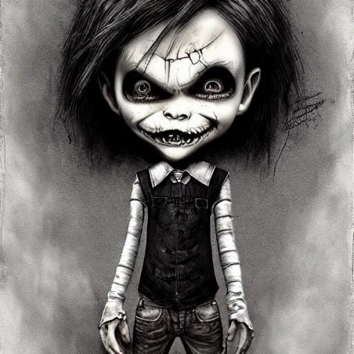 Prompt: grunge drawing of chucky by - michael karcz , in the style of corpse bride, loony toons style, horror themed, detailed, elegant, intricate