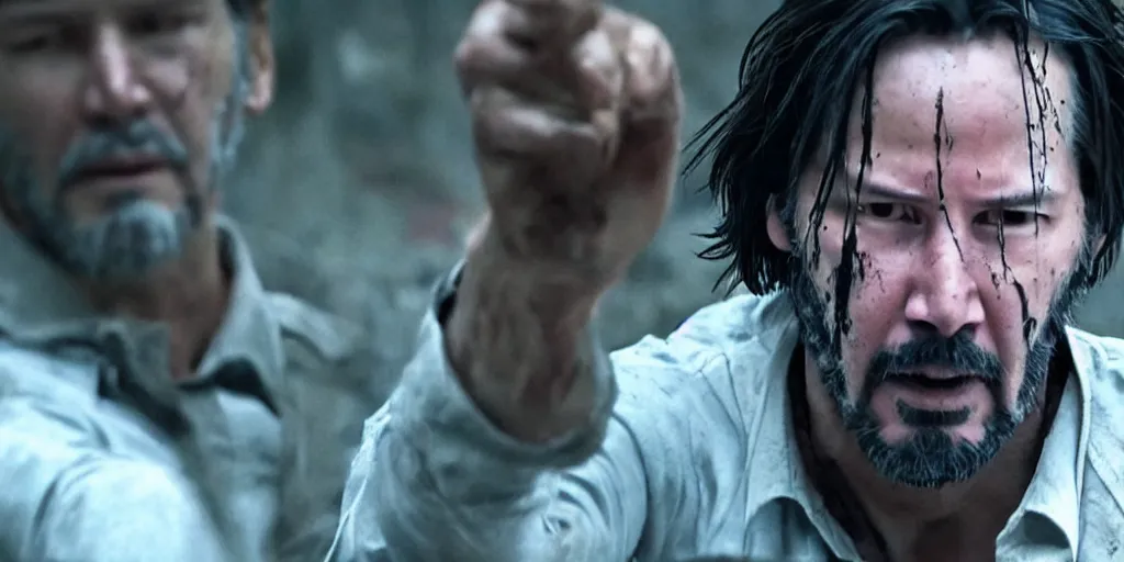 Image similar to old keanu reeves in Logan, cinematic, blood, ultrawide angle