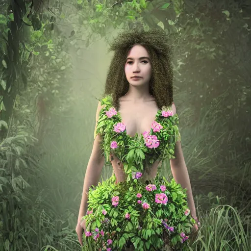 Image similar to beautiful girl in a dress made of plants, beautiful portrait, symmetrical, character concept style trending on artstation concept art detailed octane render cinematic photo - realistic 8 k high detailed