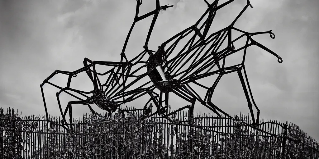 Image similar to bw polaroid sculpture of a huge iron spider in the fence of the hermitage in st. petersburg grain light glare