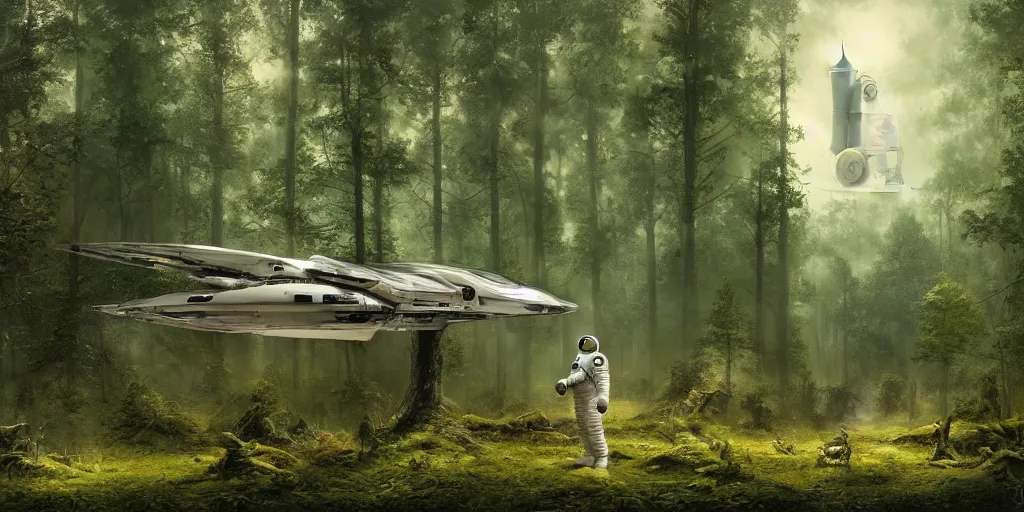 Image similar to an astronaut and a space ship in a forest, a detailed matte painting by frieke janssens, featured on cgsociety, space art, matte painting, matte drawing