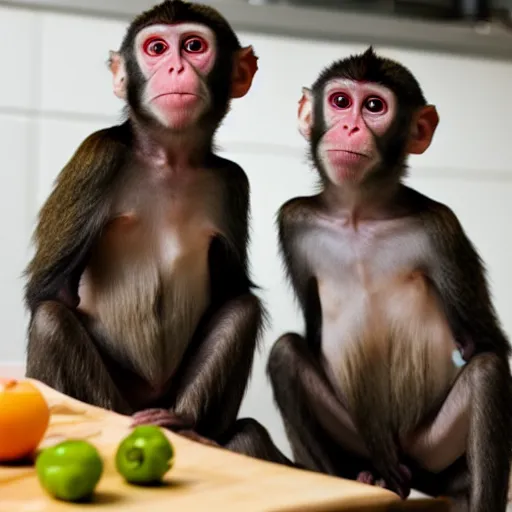 Prompt: funny photo of two monkeys having fun in the kitchen