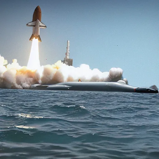 Prompt: a submarine launching a space shuttle from a missile bay, realistic photo, digital photo
