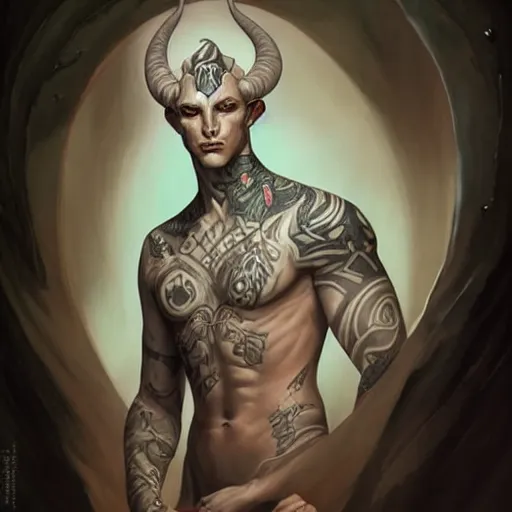 Image similar to handsome pale white tiefling with ink stylized tattoos, draconic masculine male shaman, portrait by Artgerm, peter mohrbacher W 704