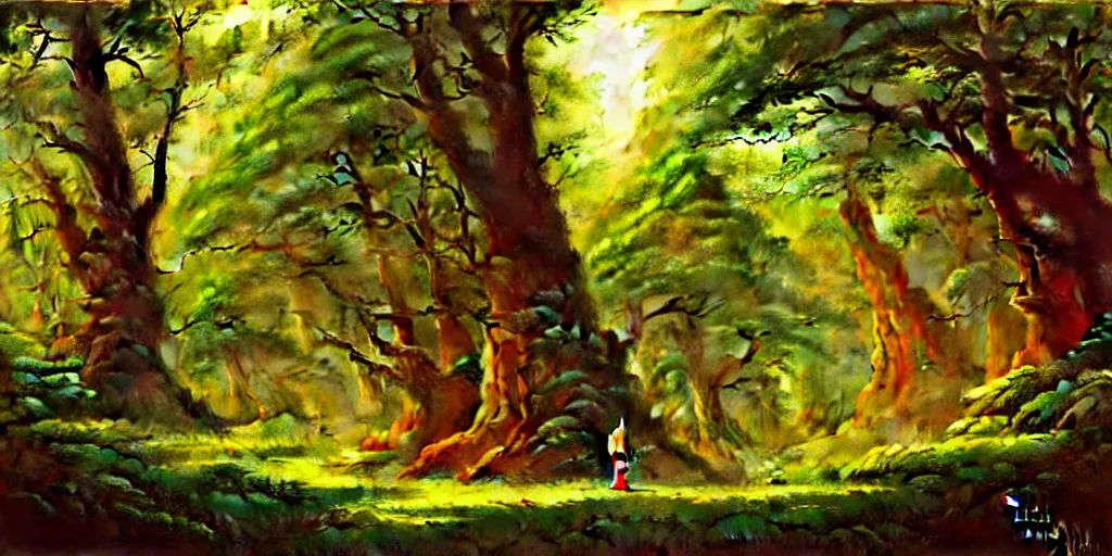 Prompt: a forest highly detailed oil painting rhads bruce pennington studio ghibli by tim hildebrandt bytim white by george inness digital