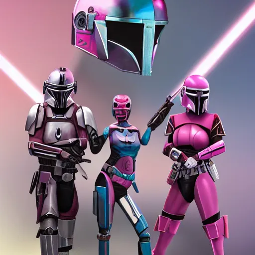 Prompt: bo katan, koska reeves, and a very fancy female mandalorian in a pink suit and bedazzled helmet. digital art. photo realistic. 4 k. intricate. detailed. by krenz cush art simon fetscher.