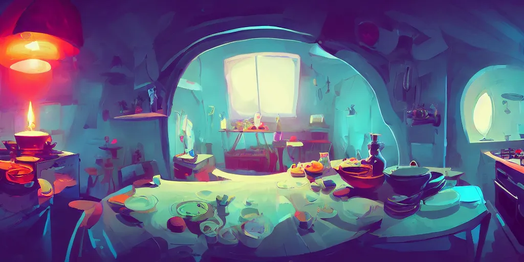 Image similar to epic illustration fisheye lens of a kitchen dim lit by 1 candle in a scenic environment by Anton Fadeev