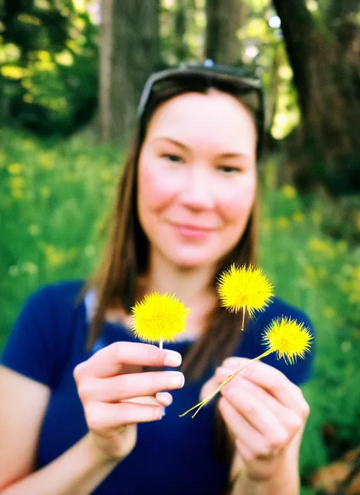 Prompt: instax mini portrait of a woman holding a dandelion in the berkeley hills