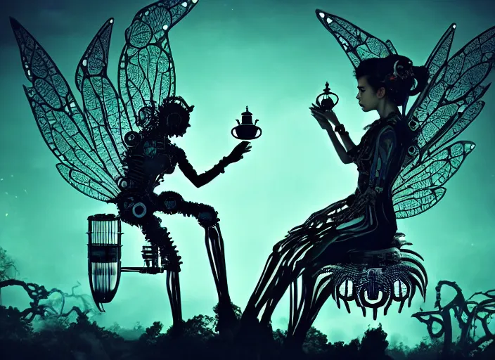 Image similar to silhouette of an intricate mechanical fairy with visible gears having tea with a cyborg winged horned demon medusa in a magical forest. Very detailed 8k. Fantasy cyberpunk horror. Sharp. Cinematic post-processing