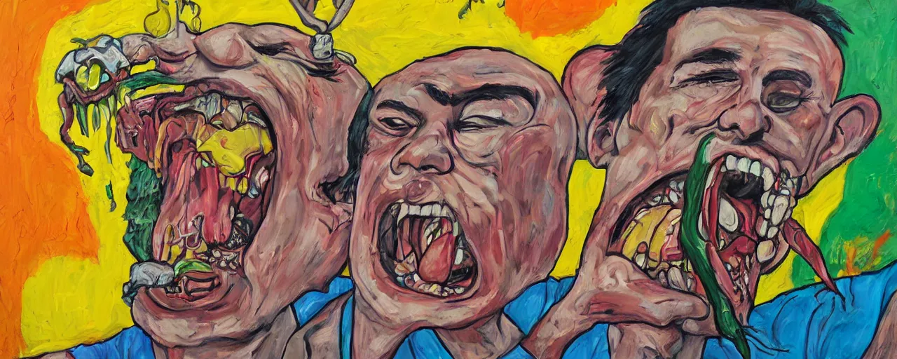 Image similar to portrait of a mad man screaming eating another head, Santacruz art style